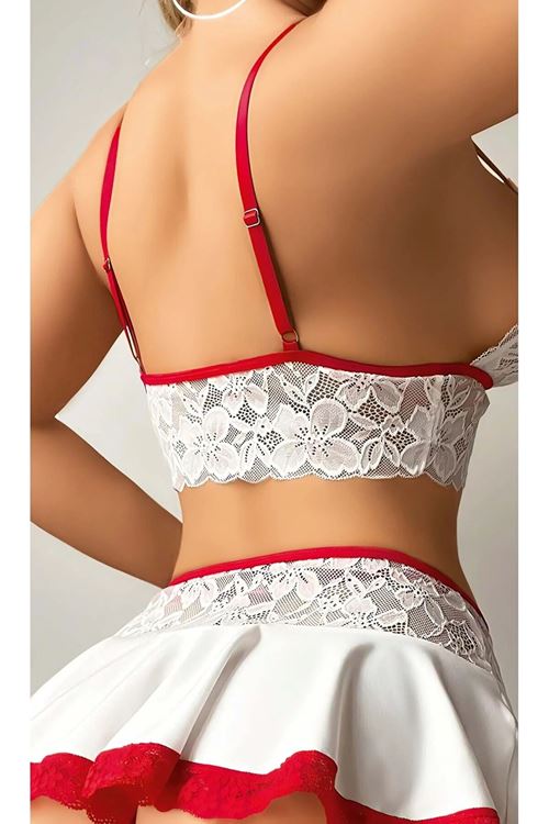 Beyaz Kırmızı Detaylı Fantezi Kadın Kostüm Seksi Fentazi Yeni Model Kostüm
