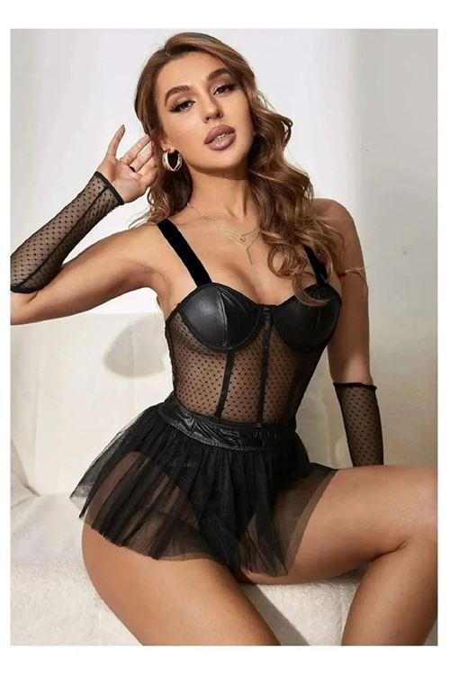 Kadın Siyah Seksi Tül Etekli Fantezi Kostüm