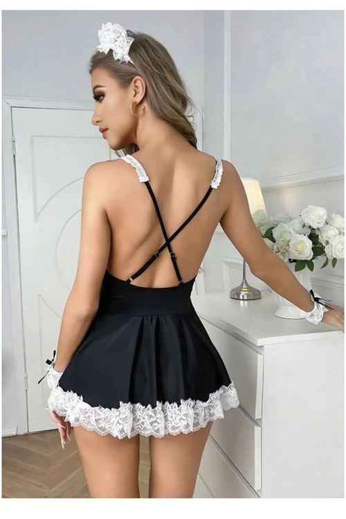 Fantezi Hizmetçi Kostümü Taş Ve Aksesuar Detalı Fantazi Kostüm