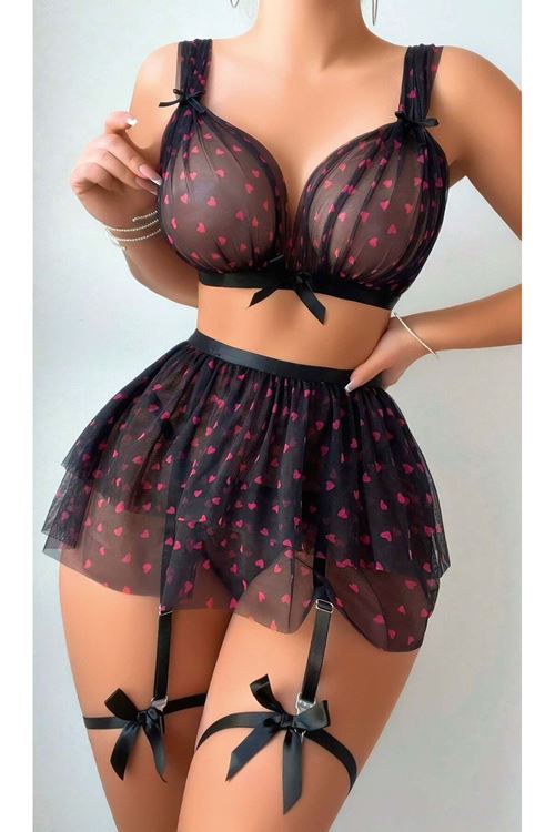 Kadın Tül Siyah Fuşya Kalp Detaylı Bacak Bantlı Jartiyerli Seksi Fantezi Kostüm