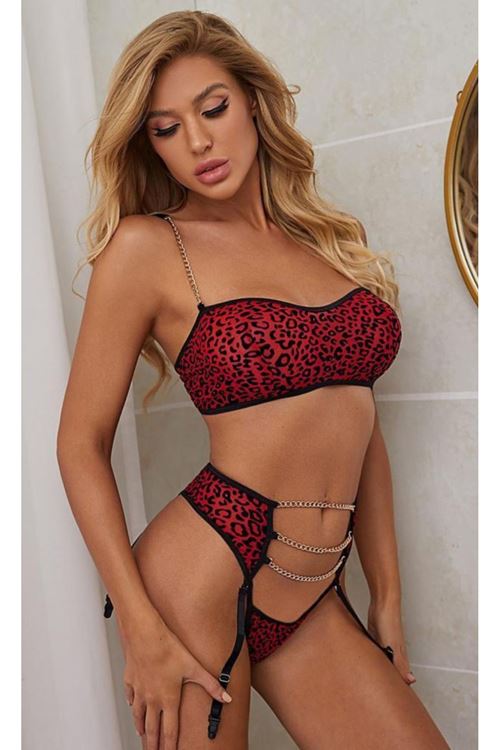 Kadın Seksi Kırmızı Leopar Desen Zincirli Jartiyer Takım + Çorap Hediyeli Çeyiz Gecelik