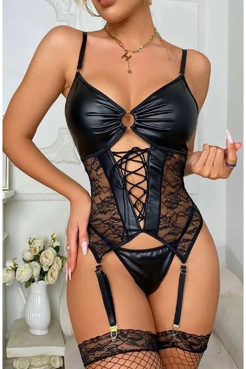 Kadın Siyah Lame Deri Jartiyerli Çoraplı Seksi Fantazi Jartiyer Takım