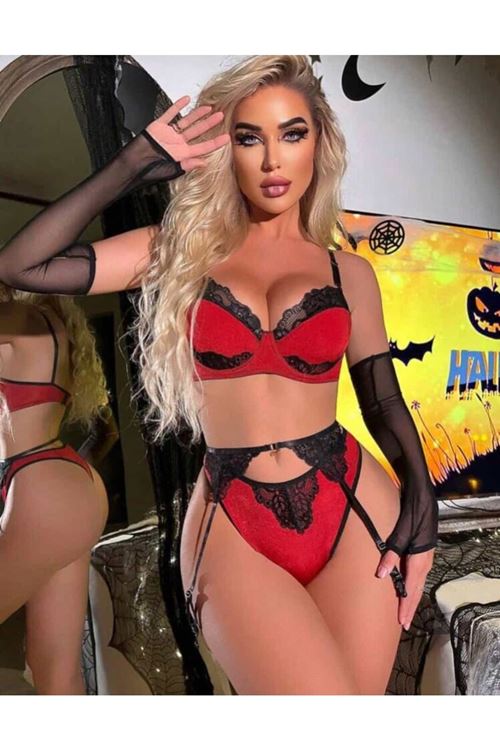 Kırmızı Dantel Detaylı Seksi Jartiyer Takım + Jartiyer Çorabı Hediyeli