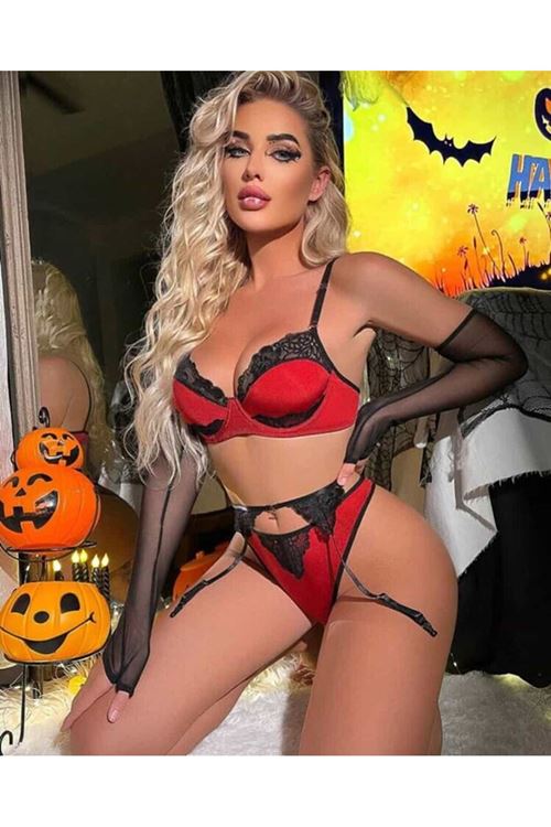 Kırmızı Dantel Detaylı Seksi Jartiyer Takım + Jartiyer Çorabı Hediyeli