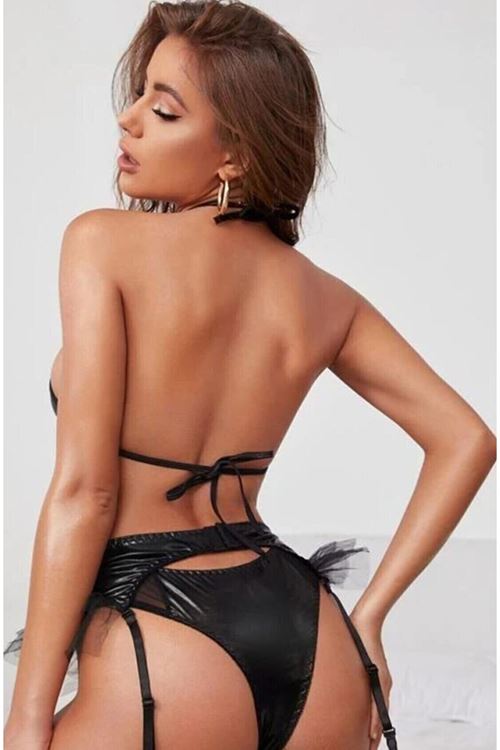 Kadın Siyah Jartiyer Takım Lame Deri + Çorap Hediyeli Çeyiz Gecelik