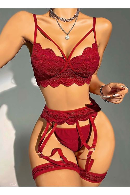 5 Parça Bordo Jartiyer Takımı Dantelli Fantezi Kostüm