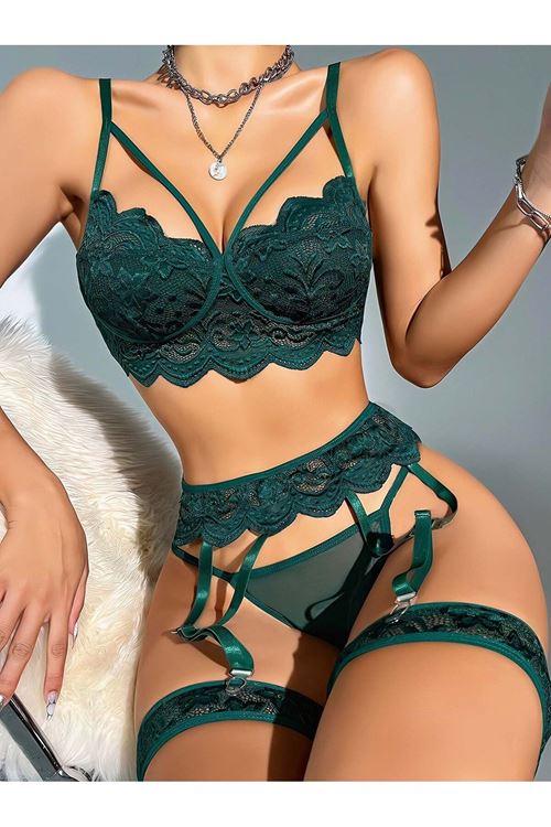 5 Parça Yeşil Jartiyer Takımı Dantelli Fantezi Gecelik