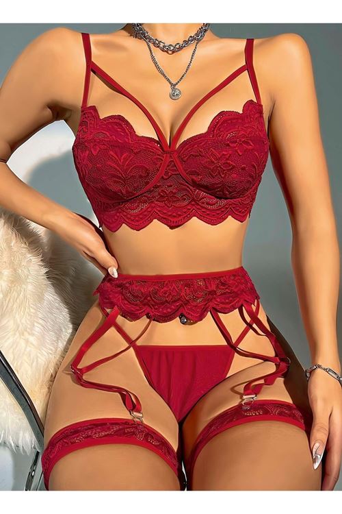 5 Parça Bordo Jartiyer Takımı Dantelli Fantezi Kostüm