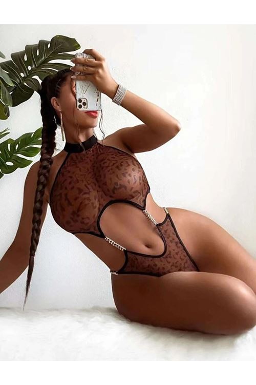 Kadın Seksi Leopar Desen Kahverengi Bodysuit Zincir Aksesuarlı Özel Gece Giyim Babydoll