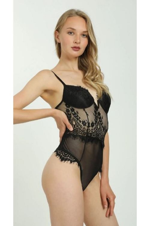 Kadın Siyah Kaplı Dantel Babydoll Badysuit