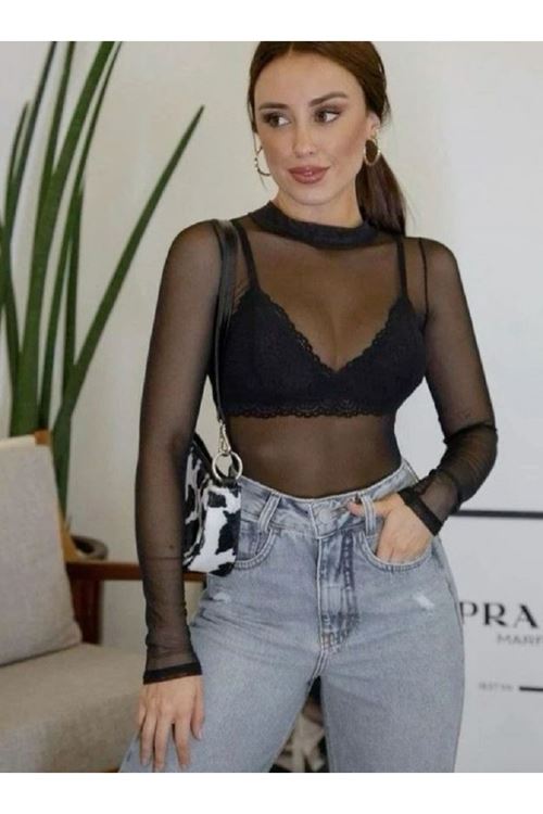 Kadın Siyah Tül Transparan Body Babydoll Bodysuit Party Clup