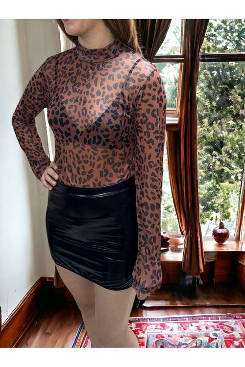 Yüksek Kalite Kadın Leopar Desenli Zarif Ve Şık Soft Dantel Çıtçıtlı Bodysuit