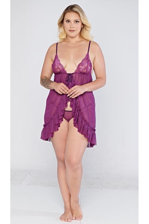Kadın Büyük Beden Gecelik FırFır Detaylı Mor Tül Fantezi Gecelik