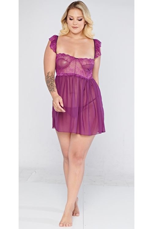 Kadın Büyük Beden Gecelik Askılı Mor Tül Fantezi Gecelik