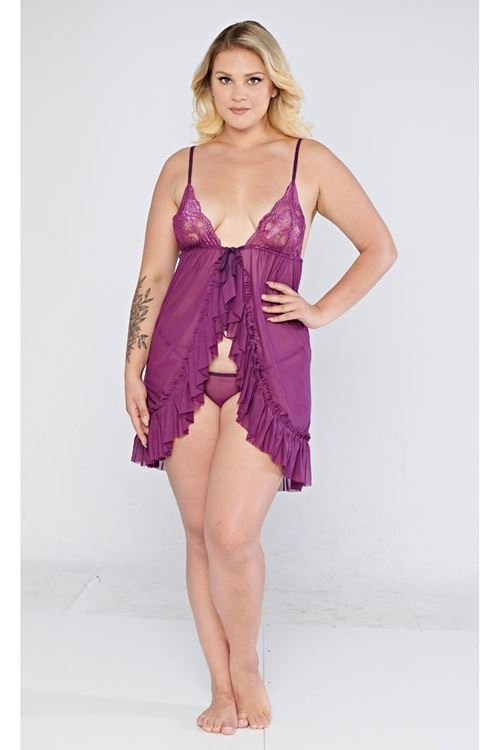 Kadın Büyük Beden Gecelik FırFır Detaylı Mor Tül Fantezi Gecelik