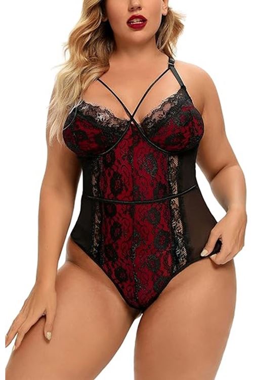 Kadın Büyük Beden Dantelli Seksi Babydoll Bodysuit Fantezi Erotik Kostüm