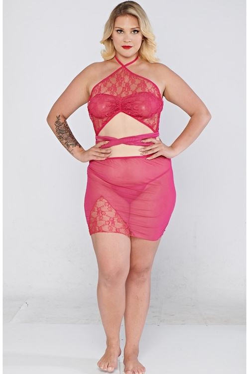 Kadın Büyük Beden Gecelik Pembe Tül Fantezi Gecelik