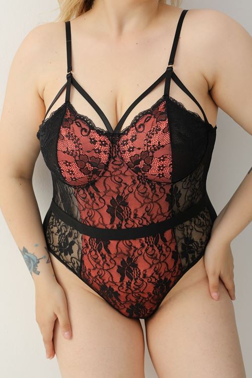 Kadın Seksi Turuncu Detaylı Babydoll Gecelik