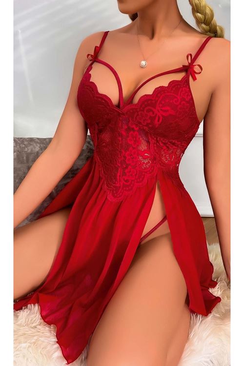 Kadın Bordo Dantel Detaylı Yırtmaçlı Fantezi Tanga Gecelik Takım