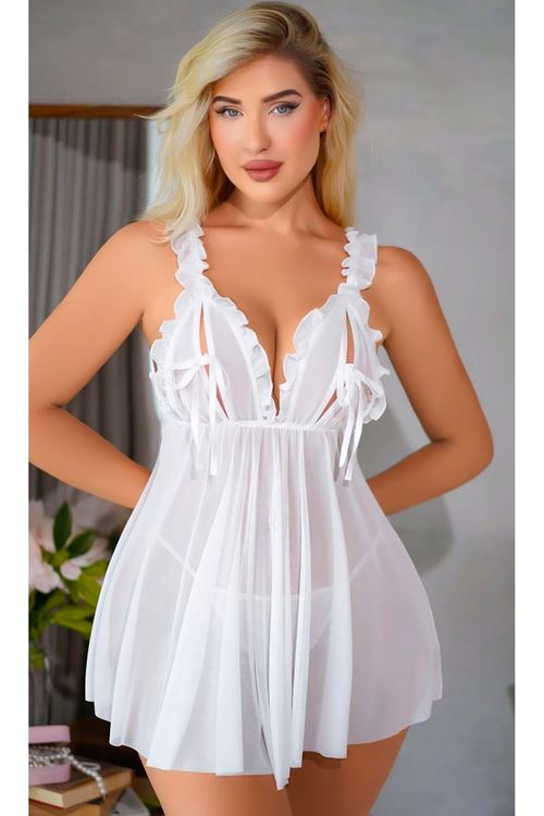 Kadın Beyaz Seksi Fantezi Tül Gecelik Tanga Takım