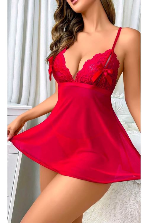 Kadın Seksi  Dantel Detaylı Transparan Tül Gecelik Ve Tanga Takımı Fantezi Gecelik Takım