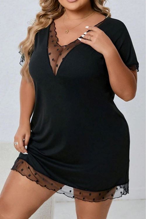 Büyük Beden Kadın Transparen Dekolte V Yaka Puantiyeli Dantel Detaylı Rahat Fantezi Gecelik