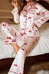 Sia Less Toz Pembe Kiraz Desenli Saten Pijama Takımı 7065