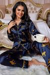 Sia Less Lacivert Leopar Figürlü Saten Pijama Takımı 7073