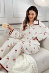Sia Less Kırık Beyaz Kiraz Baskılı Pamuklu Kışlık Pijama Takımı 7083