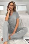 Sia Less Gri Kısa Kollu Fiyonk Detaylı Pamuklu Pijama Takımı 7193
