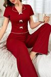 Sia Less Bordo Fiyonklu Pamuklu Kısa Kollu Pijama Takımı 7161