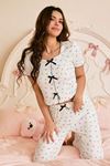 Sia Less Çok Renkli Romantik Kalp Baskılı Fiyonklu Pijama Takımı 7331