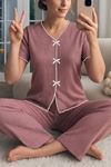 Sia Less Gül Kurusu Fiyonklu V Yaka Yazlık Pijama Takımı 7315